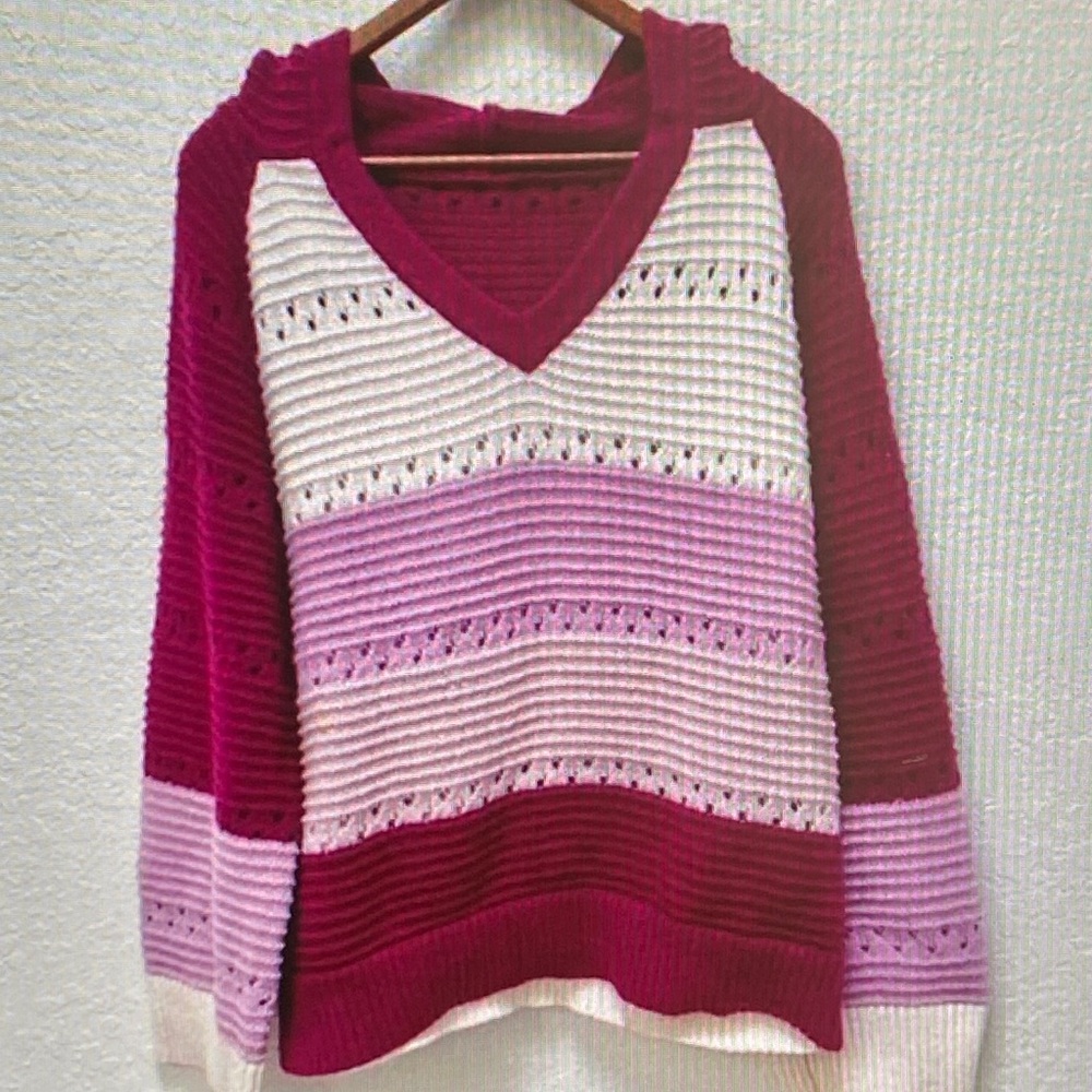 SHEIN Magenta & Light Pink Striped V-Neck Sweater